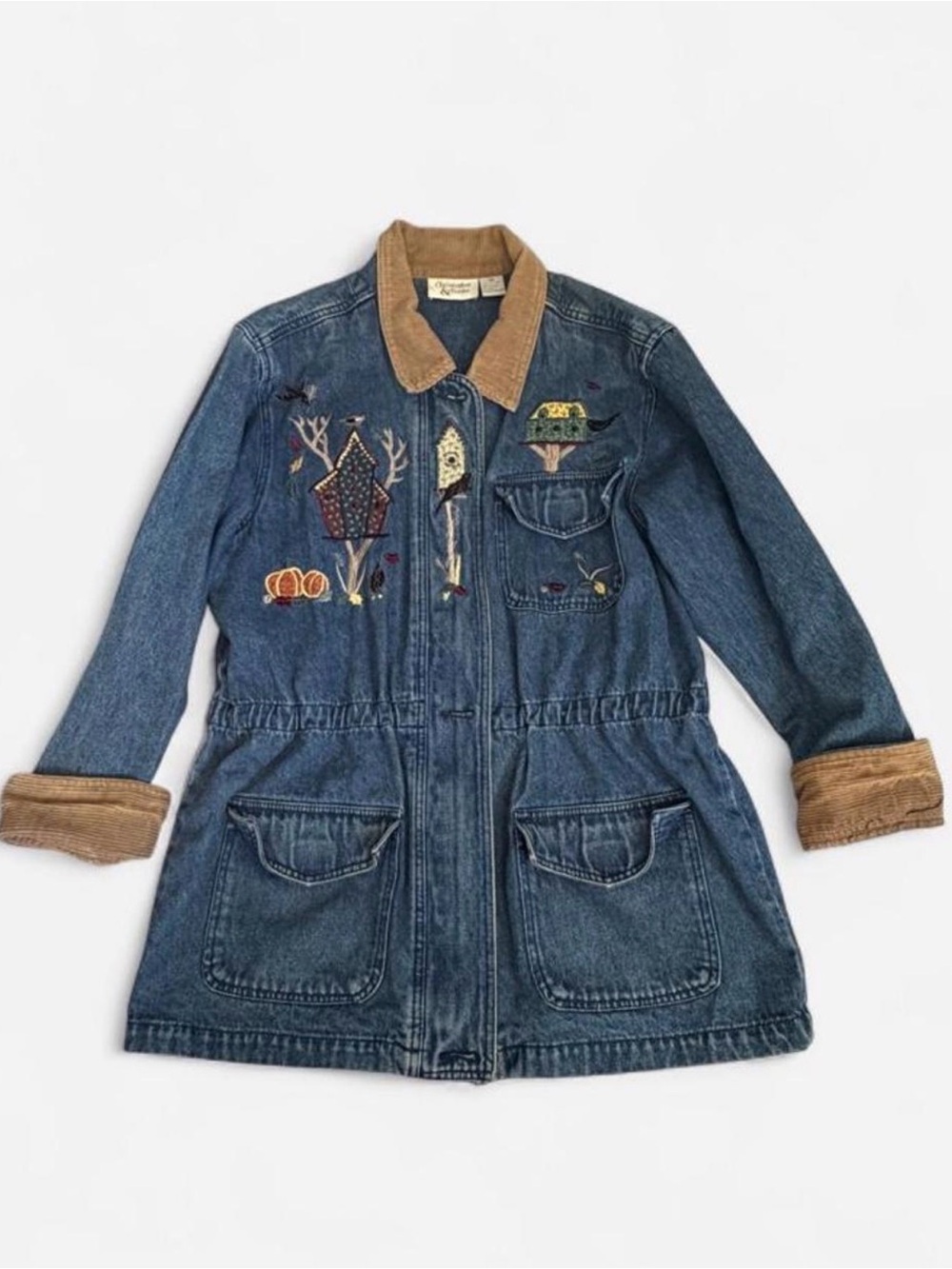 Denim Embroidered Utility Jacket with Corduroy Trim - Christopher & Banks